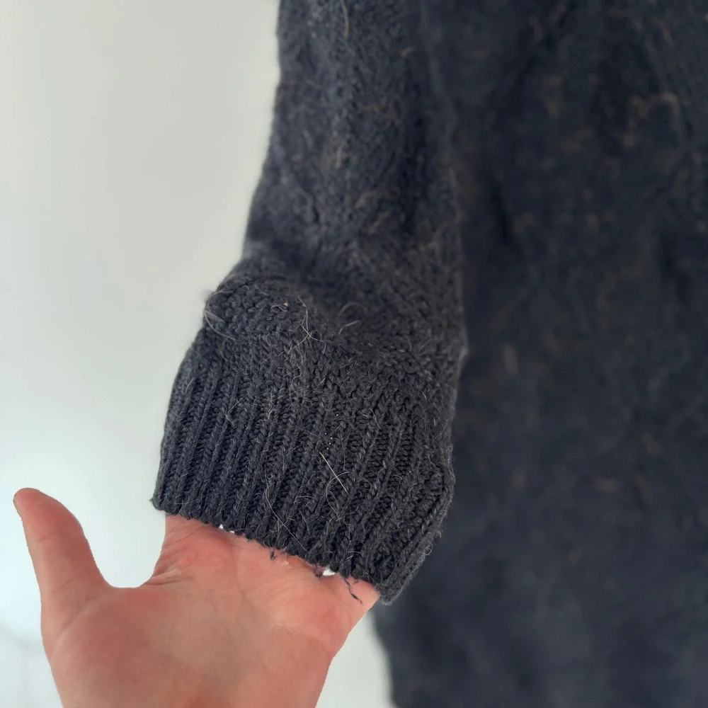 Black Alpaca Blend‎ Diamond Knit Full Zip Long Cardigan Sweater Soft S